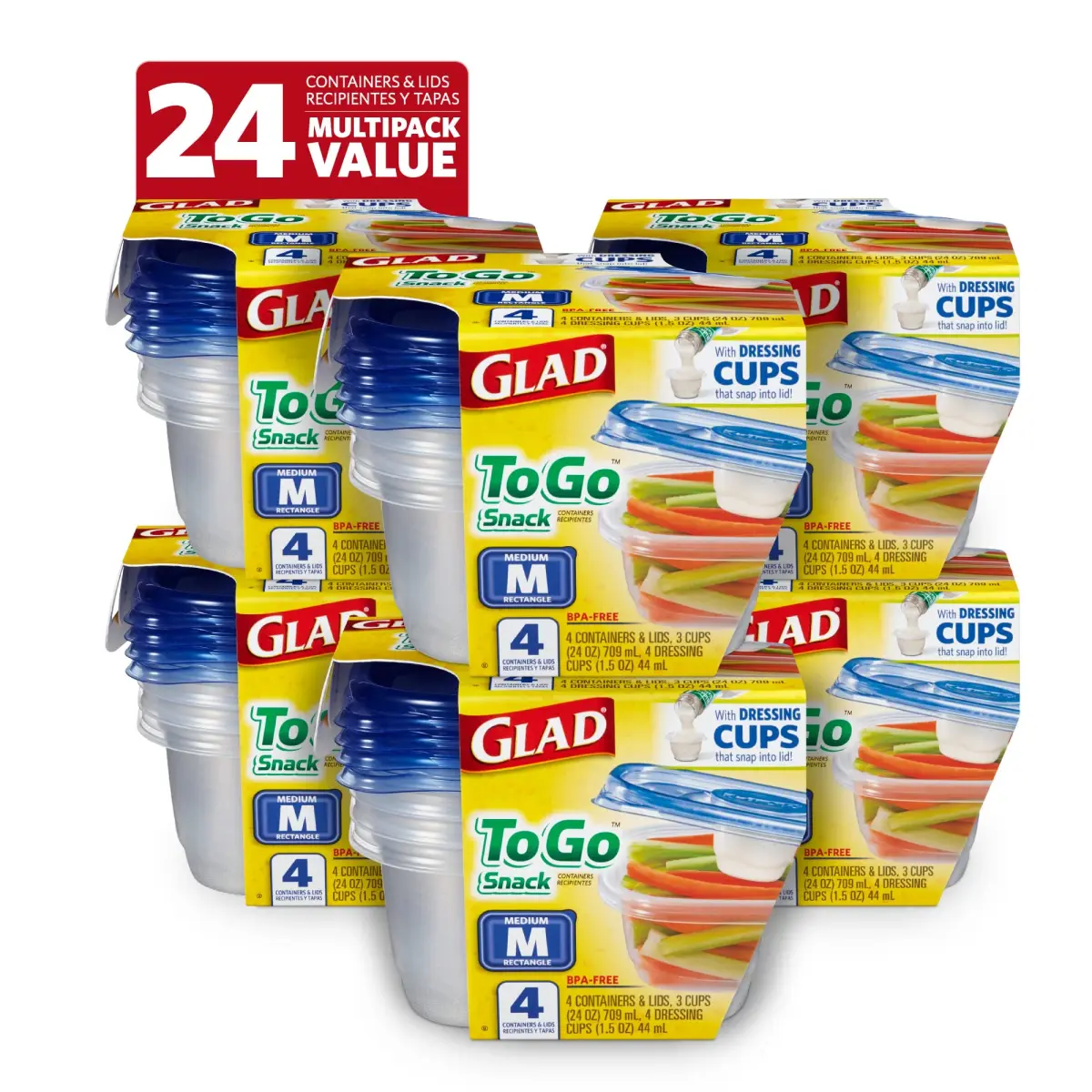Glad GladWare To-Go Medium Rectangle Snack Containers, 24 Oz (710 ml) with Dressing Cup, 6-Pack | Airtight & Leak-Resistant for Salads & Snacks - main product image