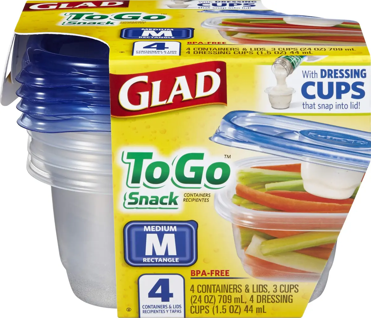 Glad GladWare To-Go Medium Rectangle Snack Containers, 24 Oz (710 ml) with Dressing Cup, 6-Pack | Airtight & Leak-Resistant for Salads & Snacks - view 6