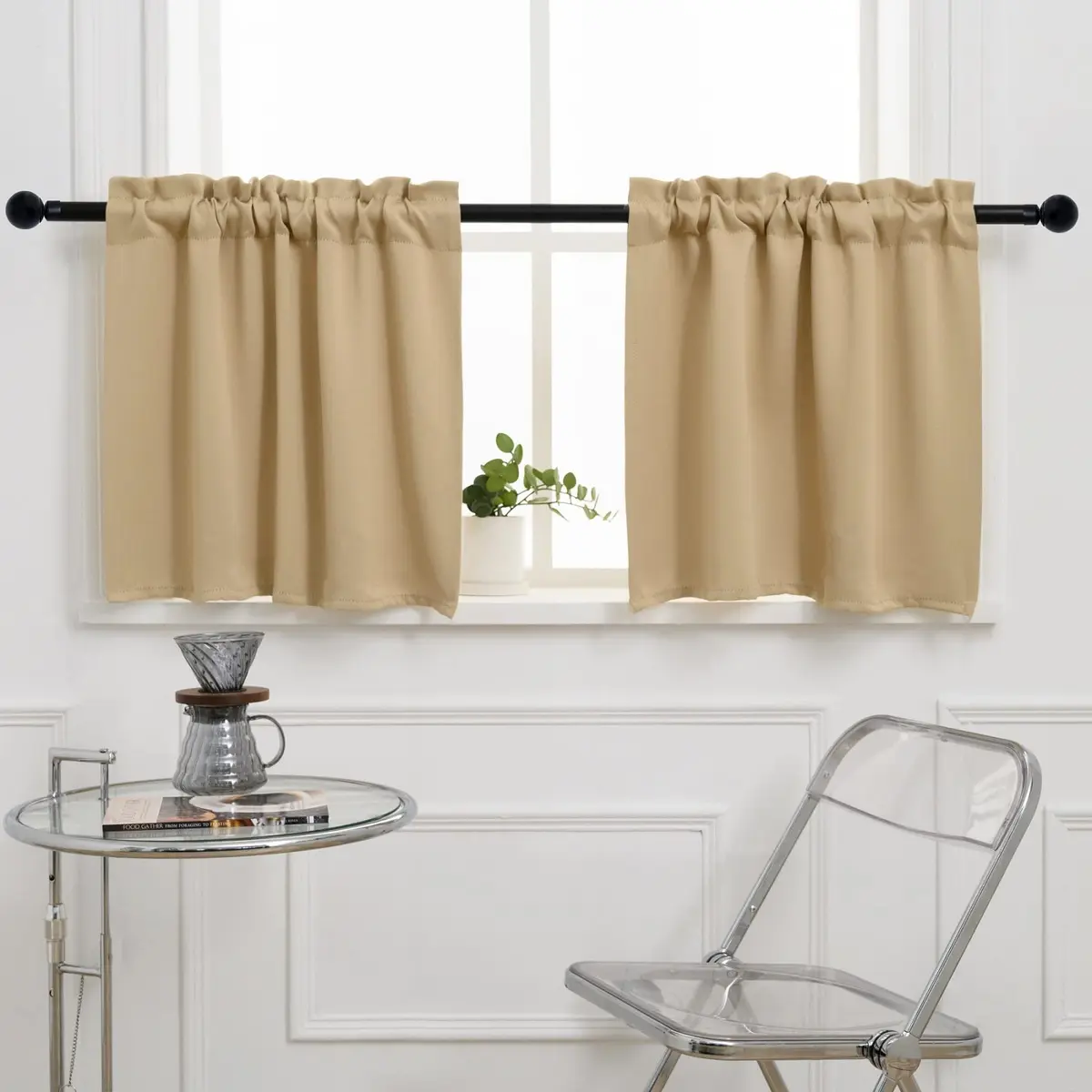 Pickluc Rod Pocket Tier Curtain - Half Blackout for Kitchen & Bathroom | 30"W x 24"L Beige, 2 Panels - main product image