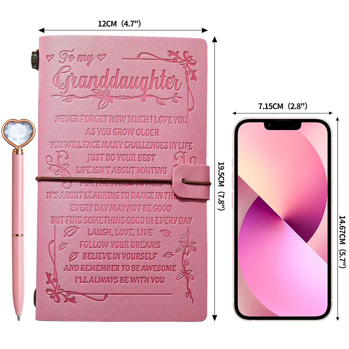 JEWPHX Pink Leather Journal for Granddaughter | Refillable 7.9 x 4.7 inches, 140 Pages - view 4