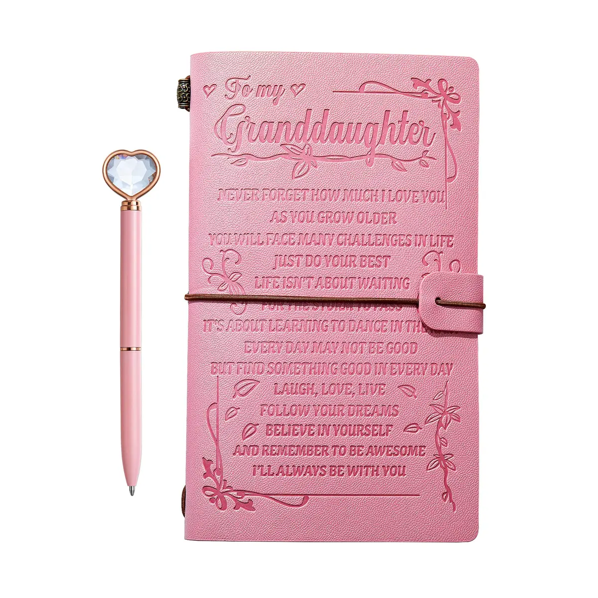 JEWPHX Pink Leather Journal for Granddaughter | Refillable 7.9 x 4.7 inches, 140 Pages - main product image