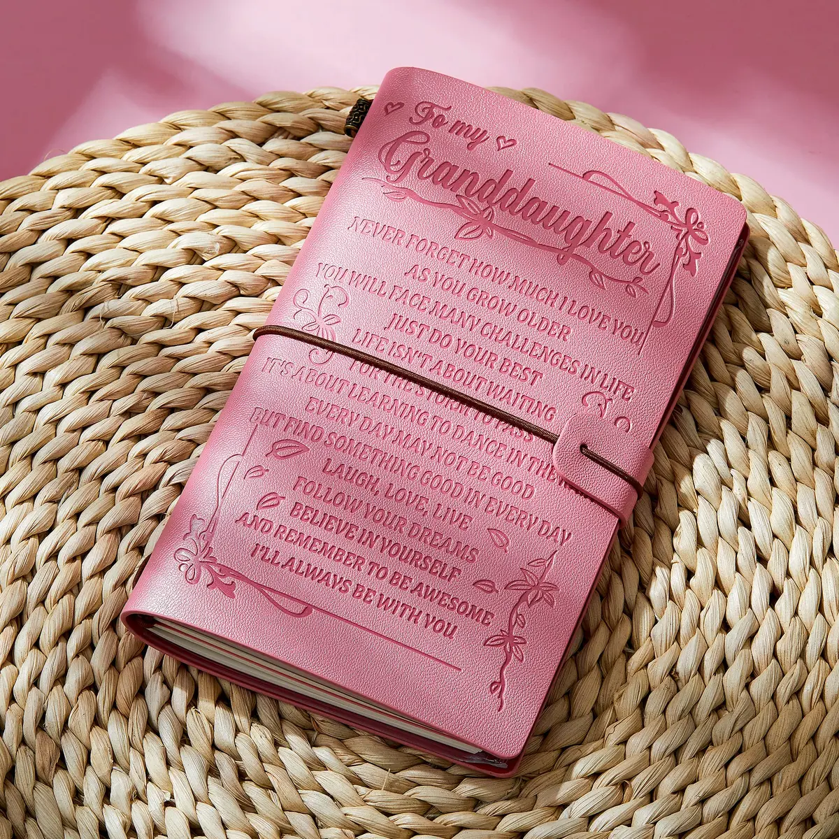 JEWPHX Pink Leather Journal for Granddaughter | Refillable 7.9 x 4.7 inches, 140 Pages - view 2