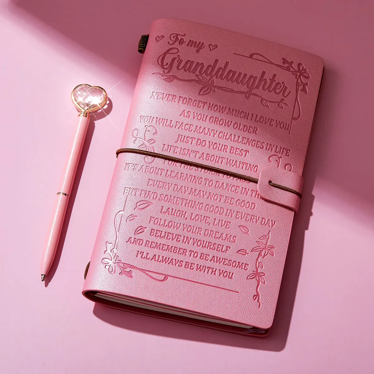 JEWPHX Pink Leather Journal for Granddaughter | Refillable 7.9 x 4.7 inches, 140 Pages - view 3