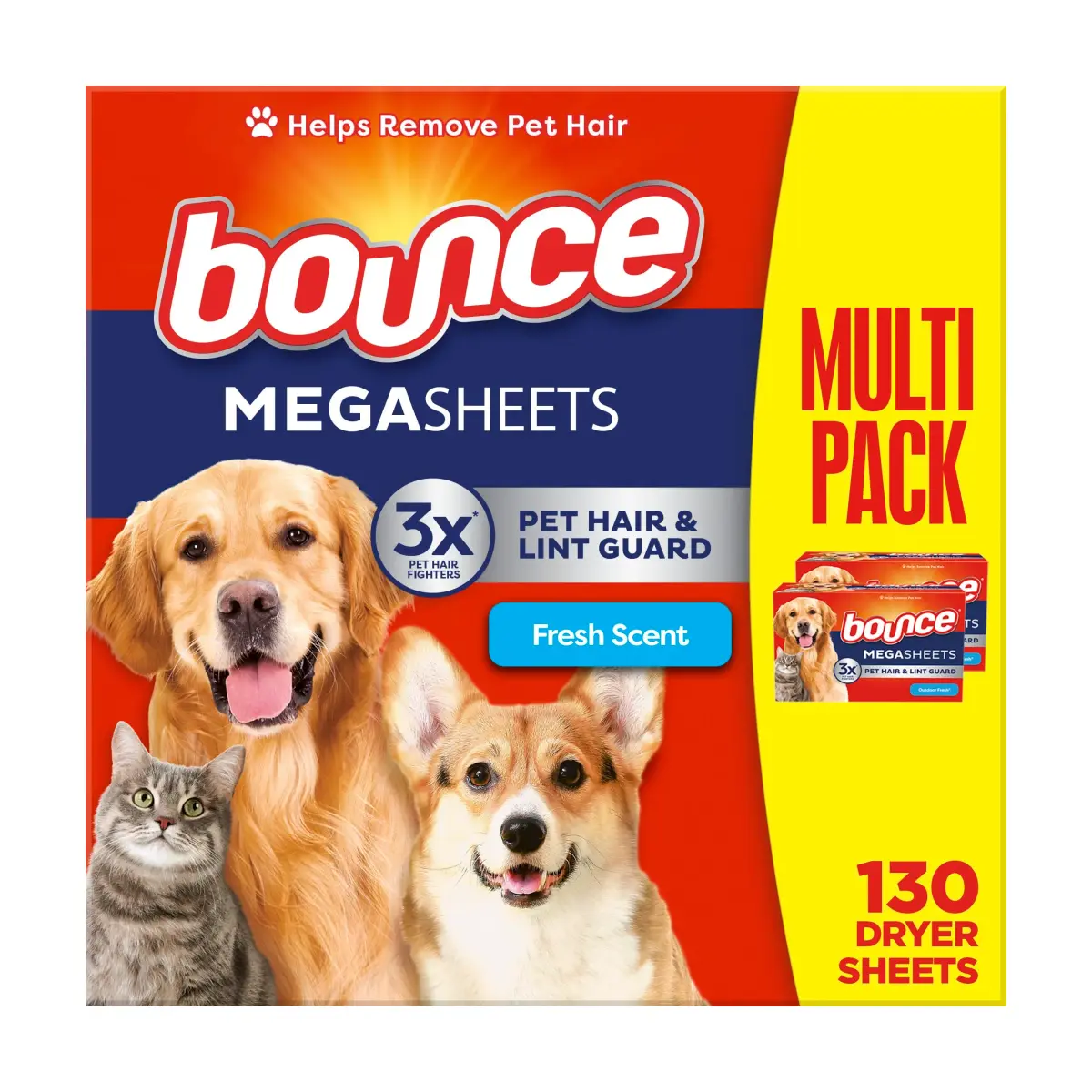 Bounce Pet Hair and Lint Guard Mega Dryer Sheets | 130 Count (368g/12.98oz) - main product image
