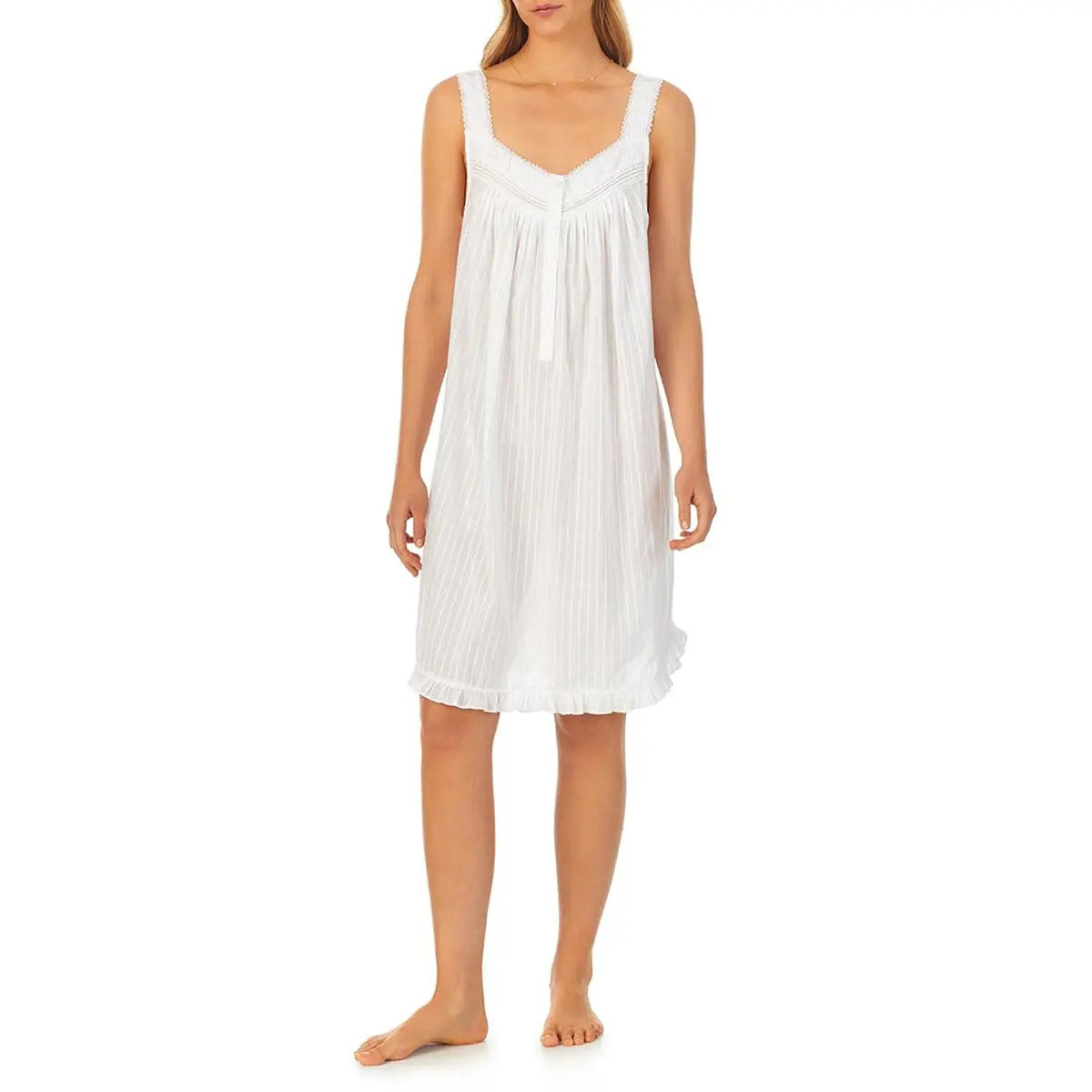 Eileen West Womens Sleepwear & Loungewear - Dobby Stripe Collection - 100% Cotton Lightweight Breathable Short Chemise Nightgown, Silver, Large - main product image