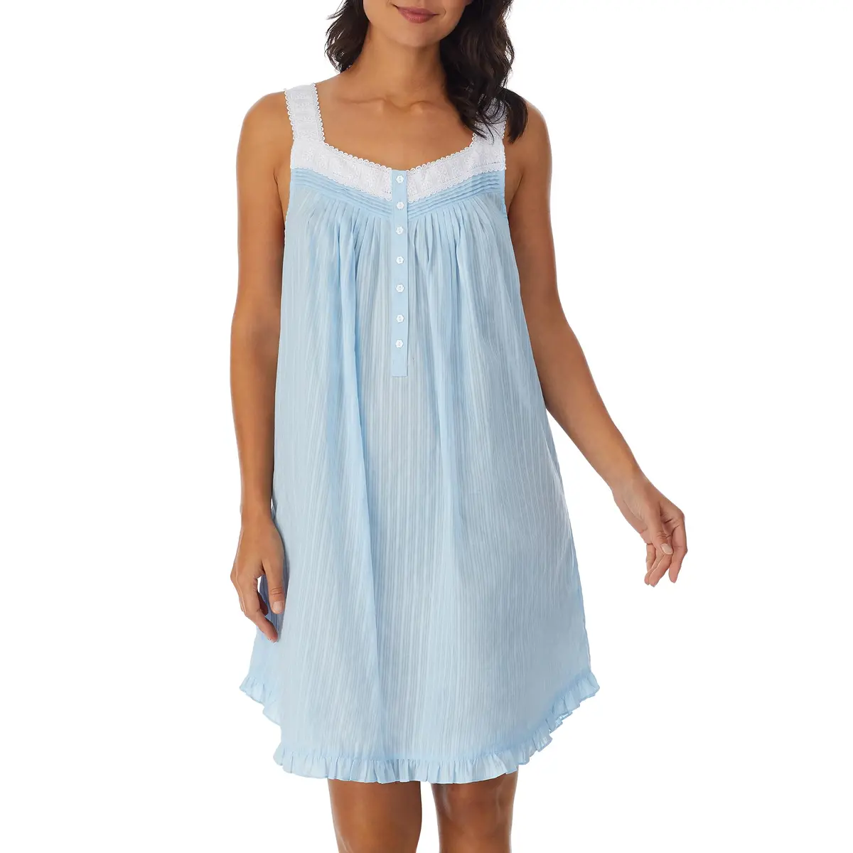 Eileen West Sleeveless Cotton Dobby Chemise Solid Blue XS | Elegant Summer Nightgown with Lace & Pintucks - main product image