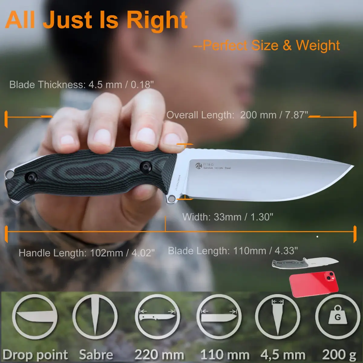 Ruike 14C28N Camping Fixed Blade Knife with Sheath, Full Tang, G10, Bushcraft | 4.3" Drop Point Blade, Corrosion-Resistant Steel - view 6