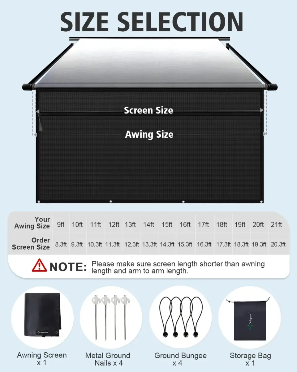 Dulepax RV Awning Shade Screen with Zipper 8' Drop x 9'3" Length | Black Polyester Mesh for 10ft Awning - view 7
