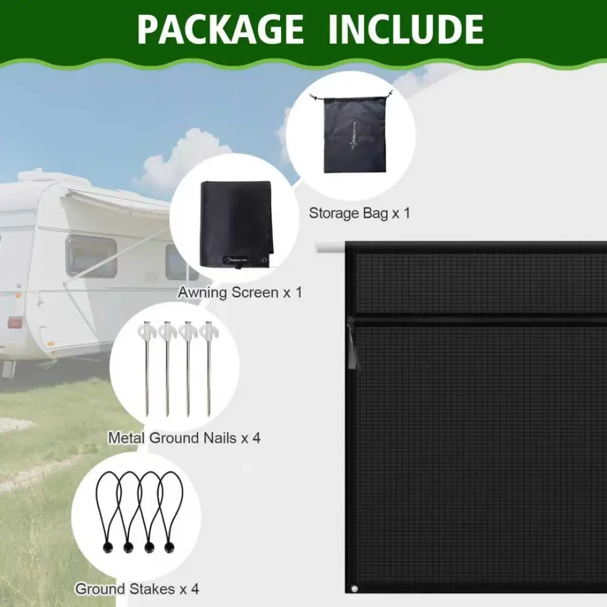 Dulepax RV Awning Shade Screen with Zipper 8' Drop x 9'3" Length | Black Polyester Mesh for 10ft Awning - view 9