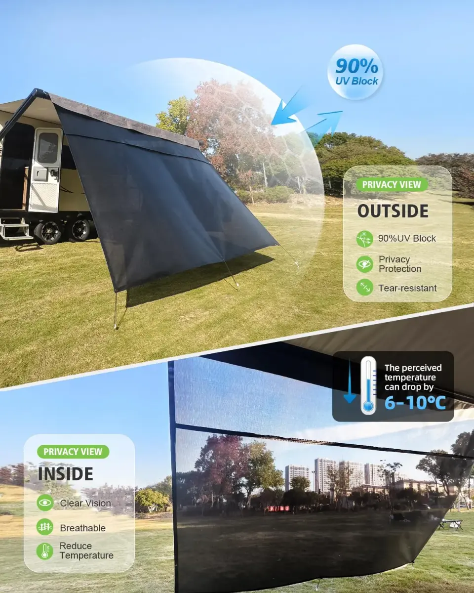Dulepax RV Awning Shade Screen with Zipper 8' Drop x 9'3" Length | Black Polyester Mesh for 10ft Awning - view 3