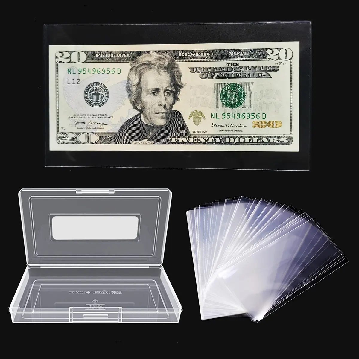 MUDOR Dollar Bill Holders for Collectors 200 Pack | Clear PP Currency Sleeves (16.5x9cm) - main product image