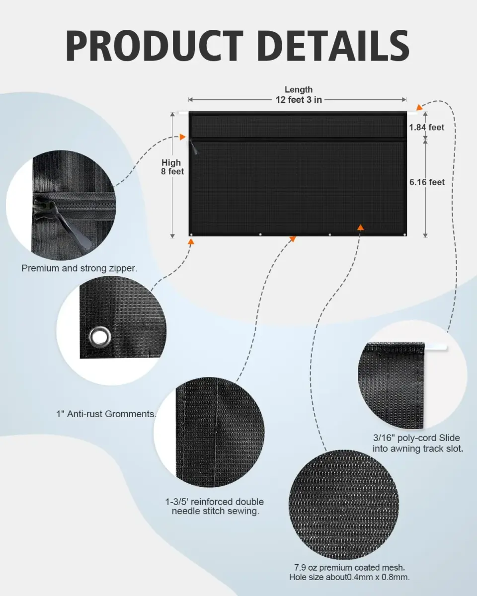 Dulepax RV Awning Shade Screen with Zipper 2.44m (8') Drop x 3.73m (12'3") Length | Universal Fit for 13ft Awning Frames - view 6