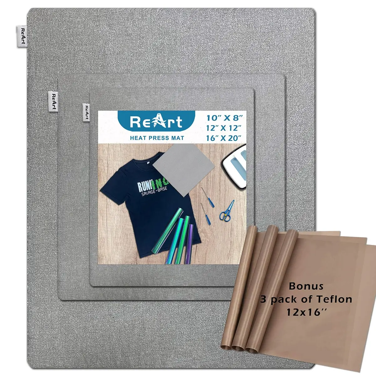 ReArt Heat Press Mat Set 10" x 8" / 12" x 12" / 16" x 20" with Teflon Sheets | Insulation Transfer Heating Mats - main product image