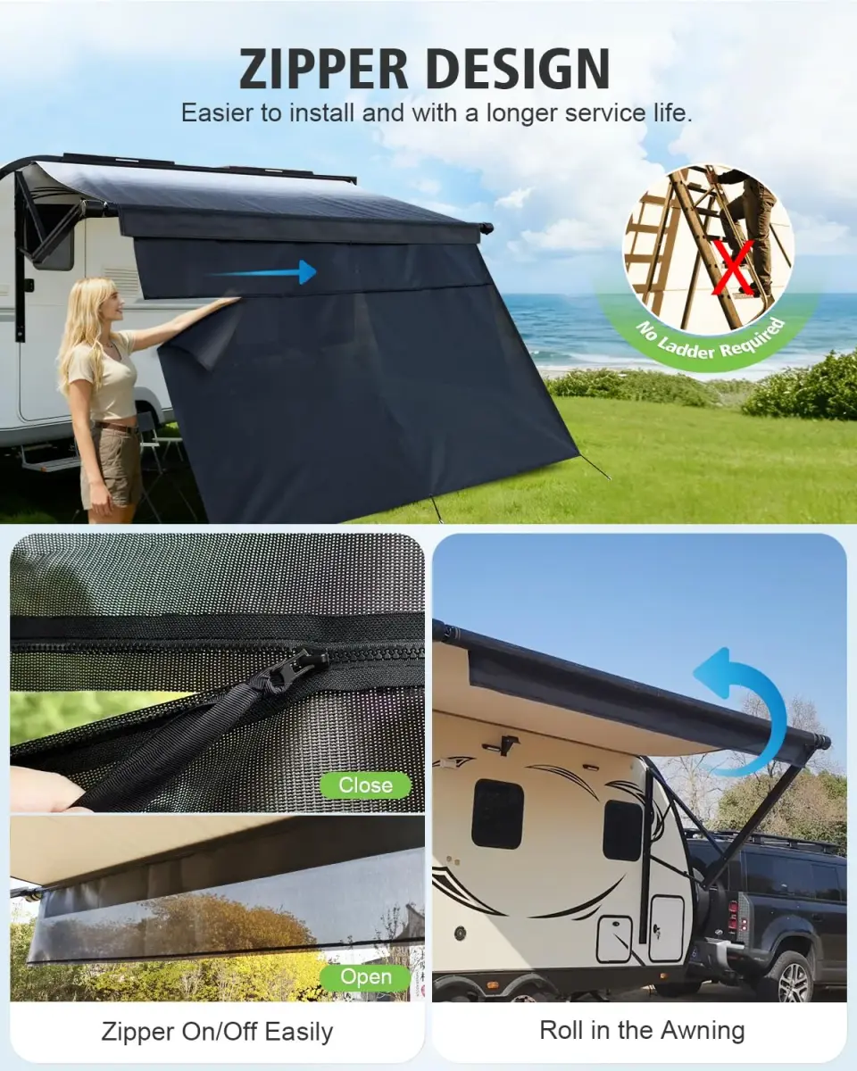 Dulepax RV Awning Shade Screen Black 2.54m (8' Drop) x 4.34m (14'3" Length) | Improves Shadow and Privacy - view 2