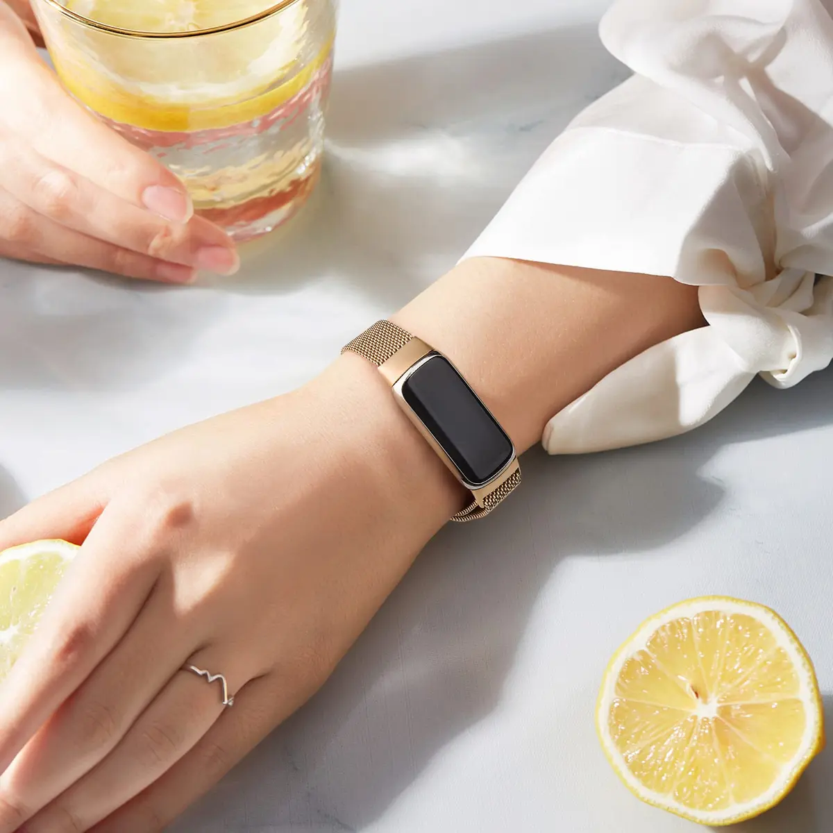 Vanjua Metal Watch Band Compatible with Fitbit Luxe, Rose Gold | Adjustable Stainless Steel Mesh Loop (150-220mm) - view 6