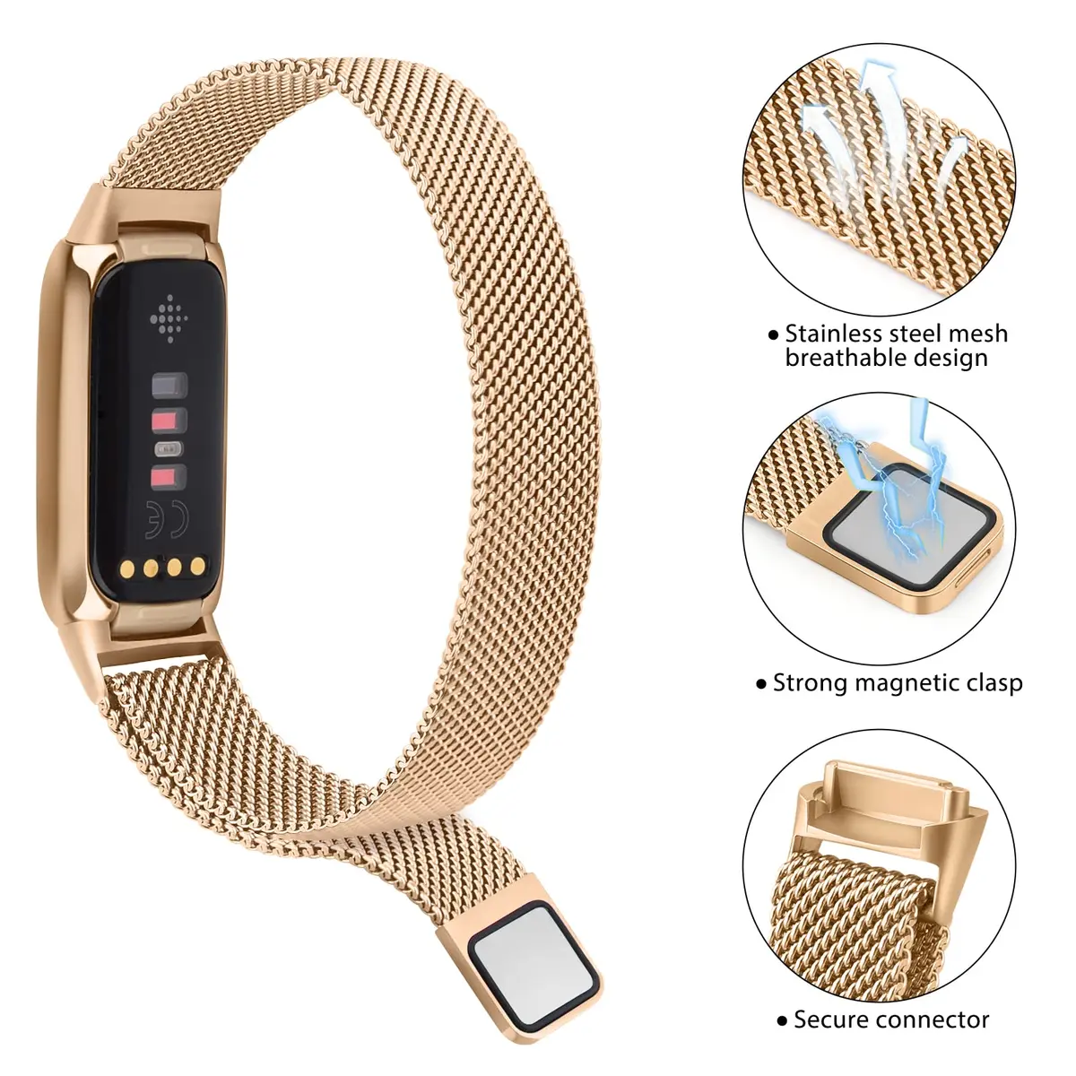 Vanjua Metal Watch Band Compatible with Fitbit Luxe, Rose Gold | Adjustable Stainless Steel Mesh Loop (150-220mm) - view 2