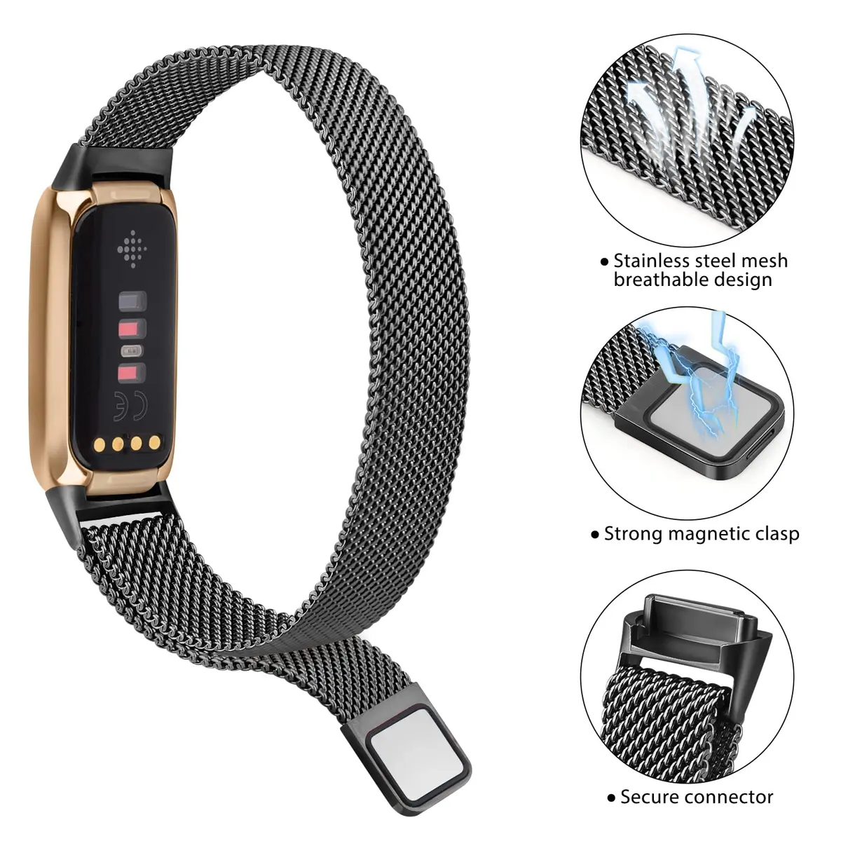 Vanjua Metal Watch Band Compatible with Fitbit Luxe, Stainless Steel Mesh Loop, Adjustable Wrist Strap for Fitbit Luxe Fitness Tracker Women Men (Black) - view 2