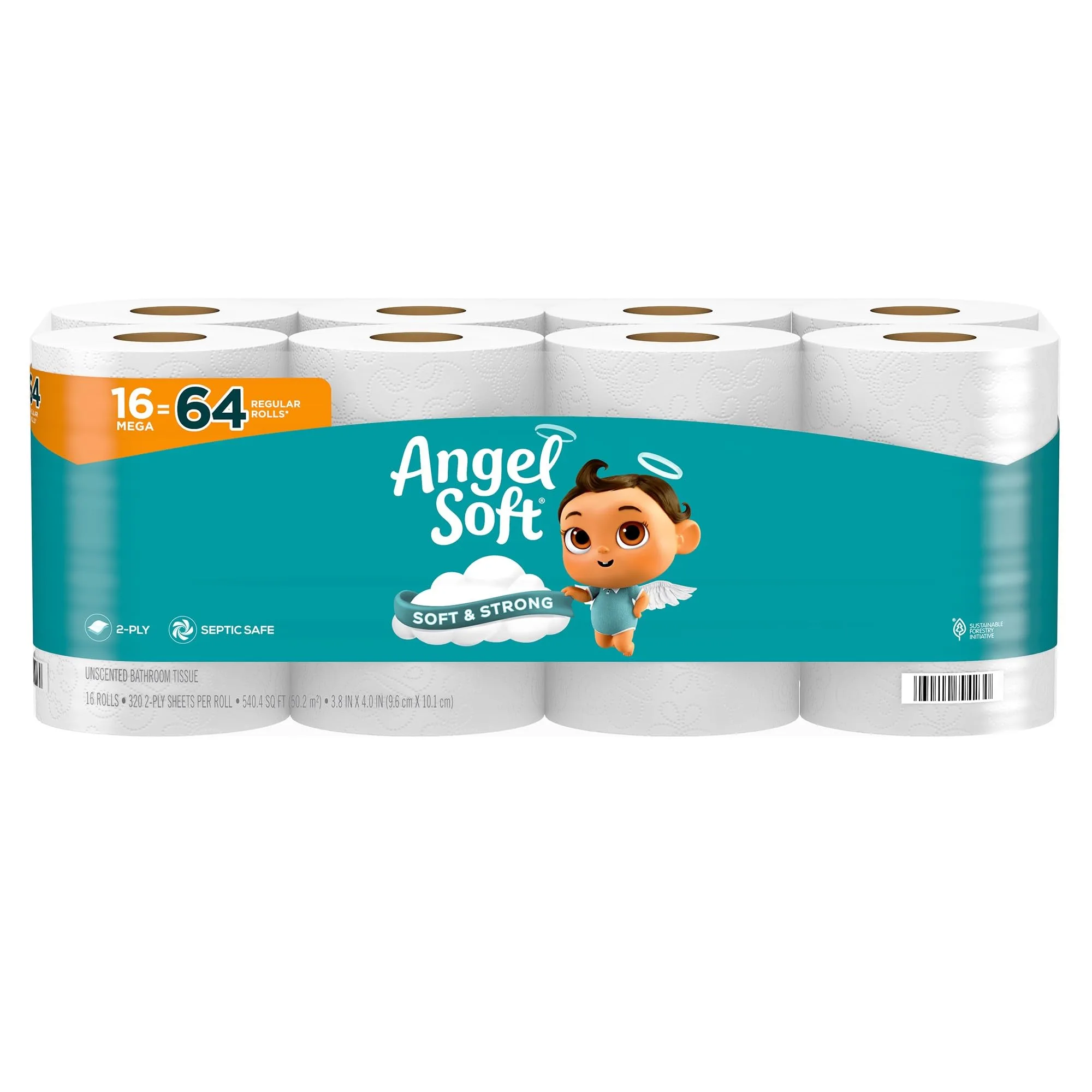 Angel Soft Toilet Paper Mega Rolls, 16 Rolls (64 Regular) | Soft & Strong 2-Ply Tissue - main product image