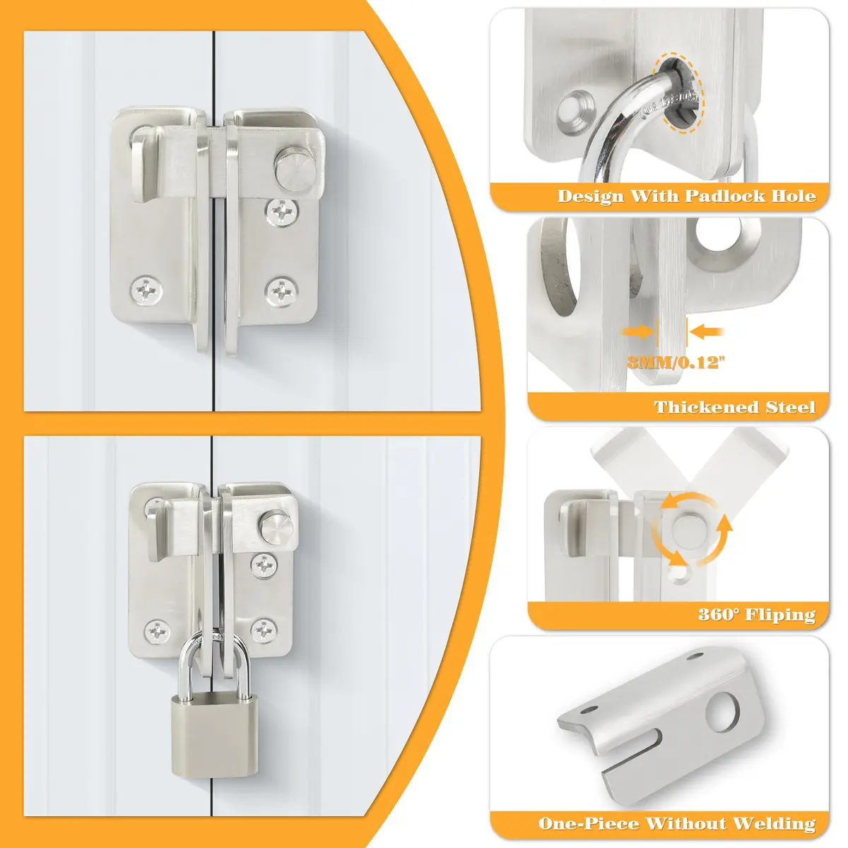 Alise Flip Latch Gate Latch, Heavy Duty Stainless Steel Door Lock for Barn Wood Fence Sliding Doors, Brushed Nickel (2.45 in Length) - view 5