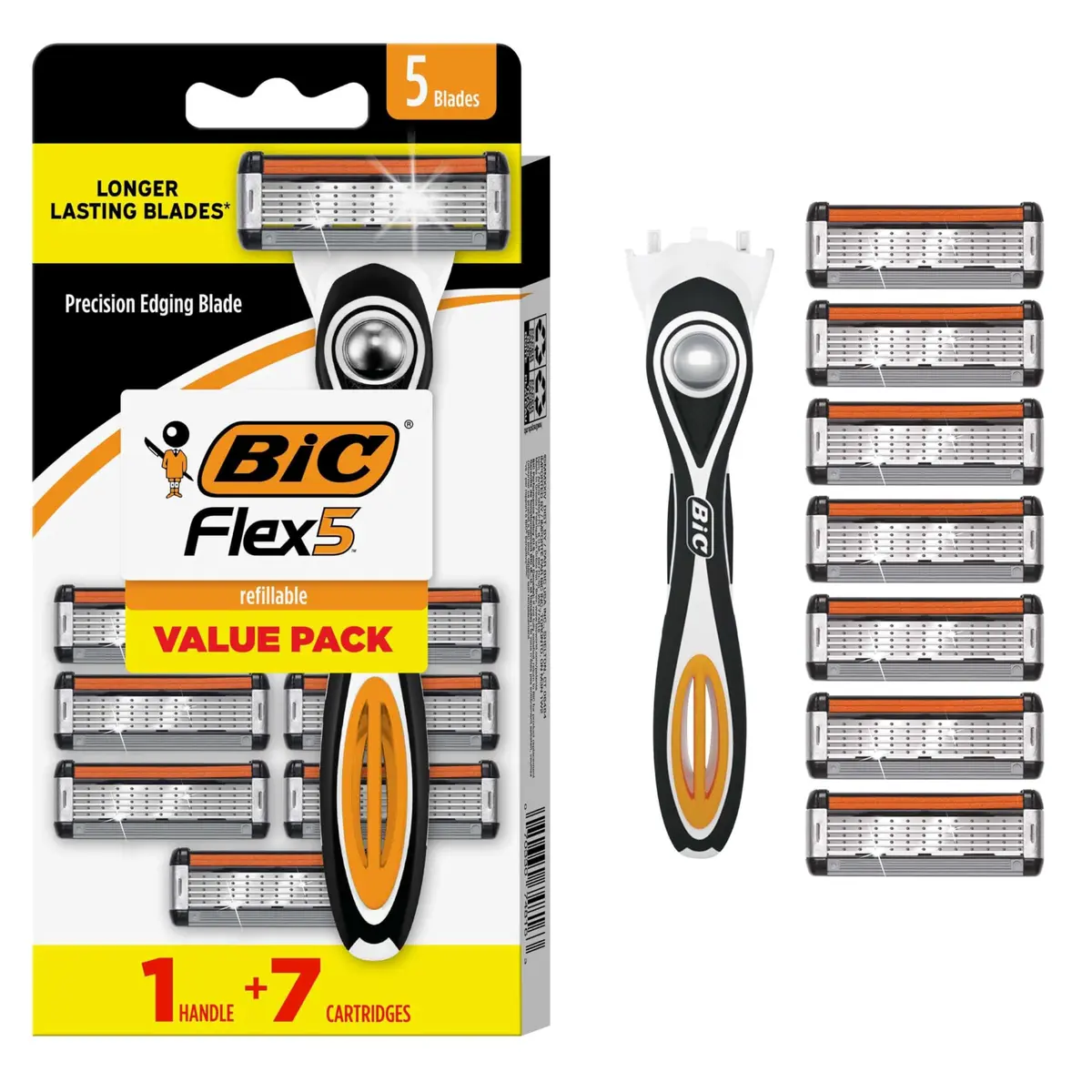 BIC Flex 5 Men's Refillable 5-Blade Razor with 7 Cartridges & Edging Blade | 91 Shaves Total - main product image