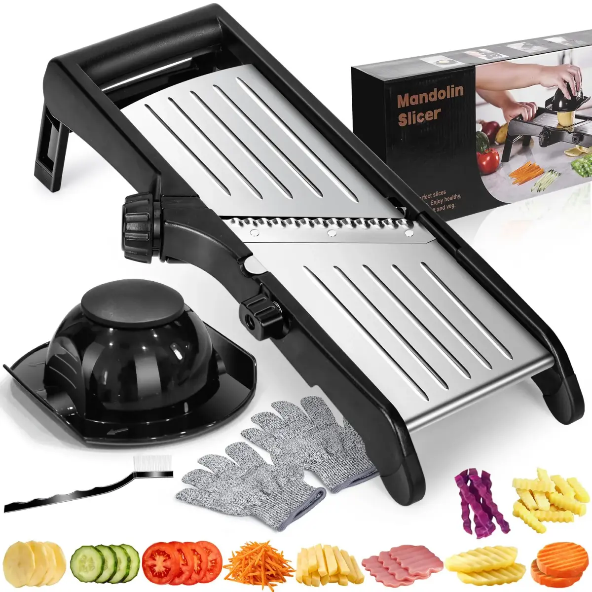 MASTERTOP Adjustable Mandoline Slicer Stainless Steel Food Slicer with 5 Blades & Safety Guard | 40.6cm (16"L) - main product image