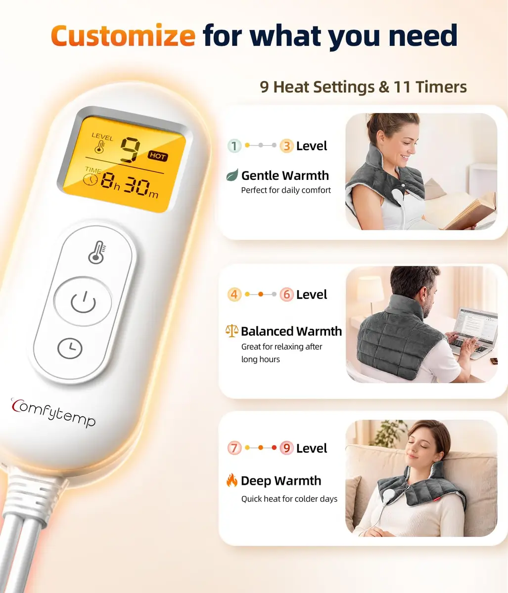 Comfytemp Weighted Heating Pad for Neck Shoulders Back 1.2 kg (2.6 lb) | 9 Heat Settings, 11 Auto-Off Timers, Machine Washable - view 4