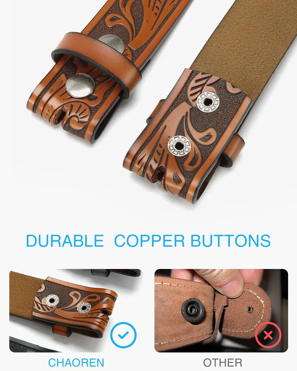 CHAOREN Western Leather Belt Strap for Men, 1.5" (3.8 cm) Full Grain Leather, Interwoven Dark Brown | Floral Embossed Pattern - view 2