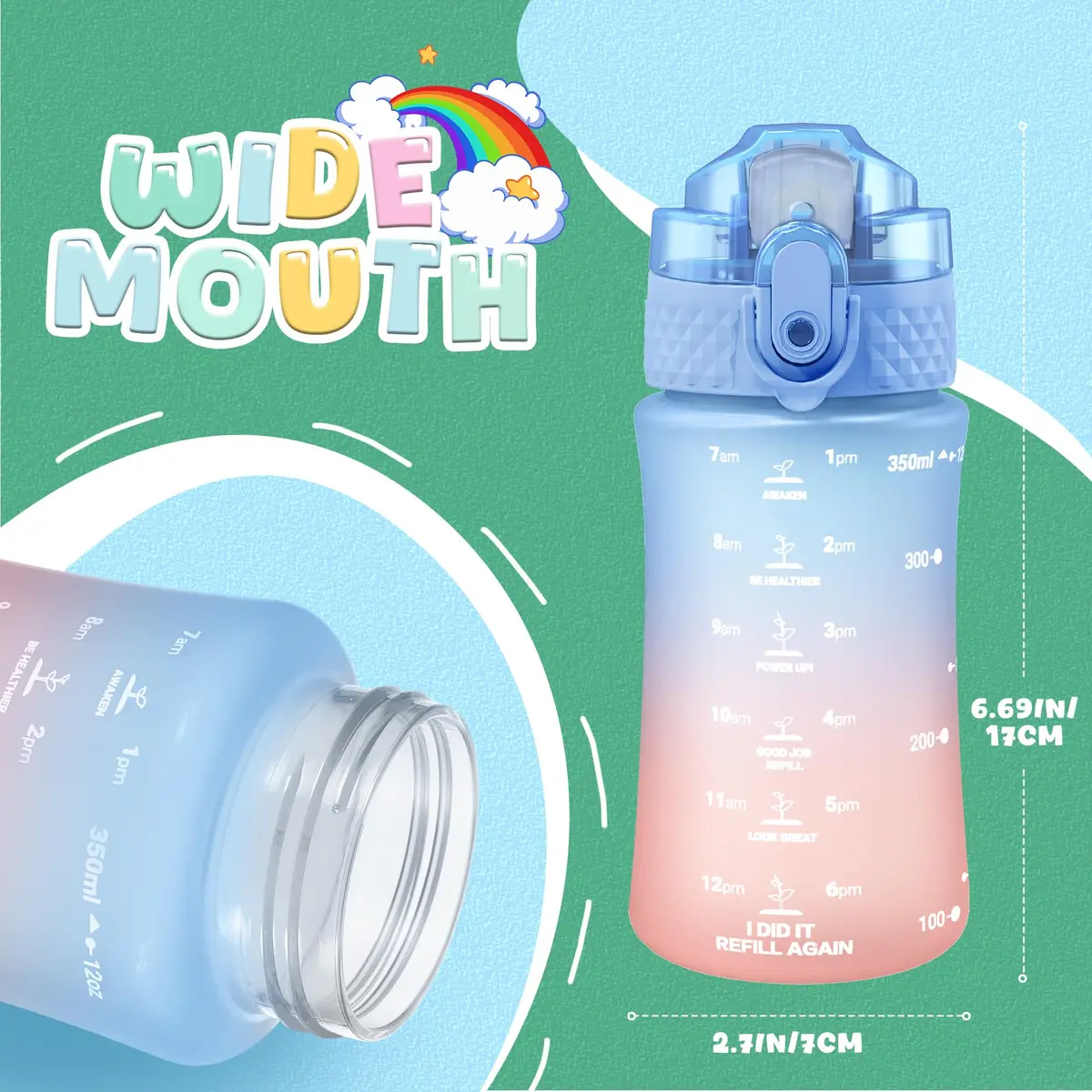 OLDLEY Kids Water Bottle for School, 355ml (12 oz) with Straw & Chug Lids, BPA-Free Tritan Plastic, Leak-proof, Dreamland - view 6