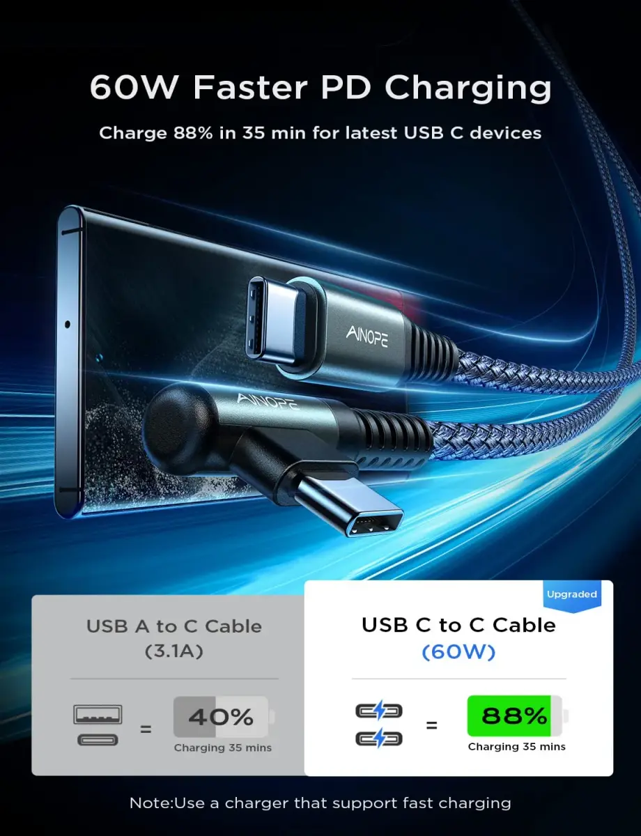AINOPE Grey USB C to USB C Cable 4-Pack: 3.3ft, 3.3ft, 6.6ft, 10ft | 60W Fast Charging & Data - view 4