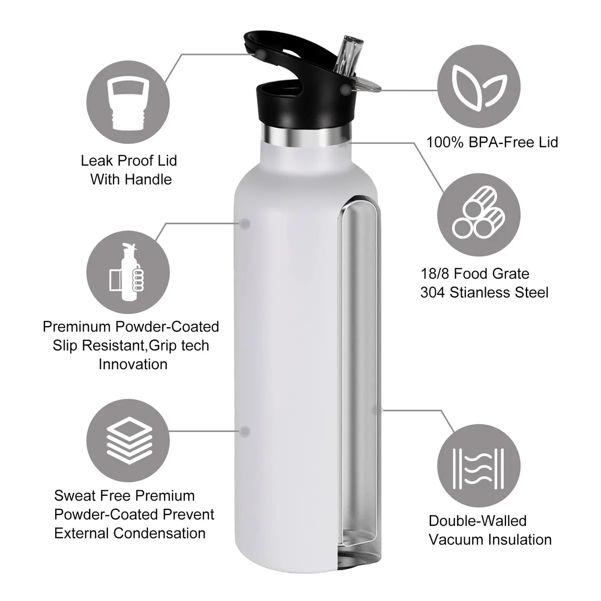 Neihepal White Stainless Steel Water Bottle 24oz | Double Wall Vacuum Insulated Travel Flask - view 3