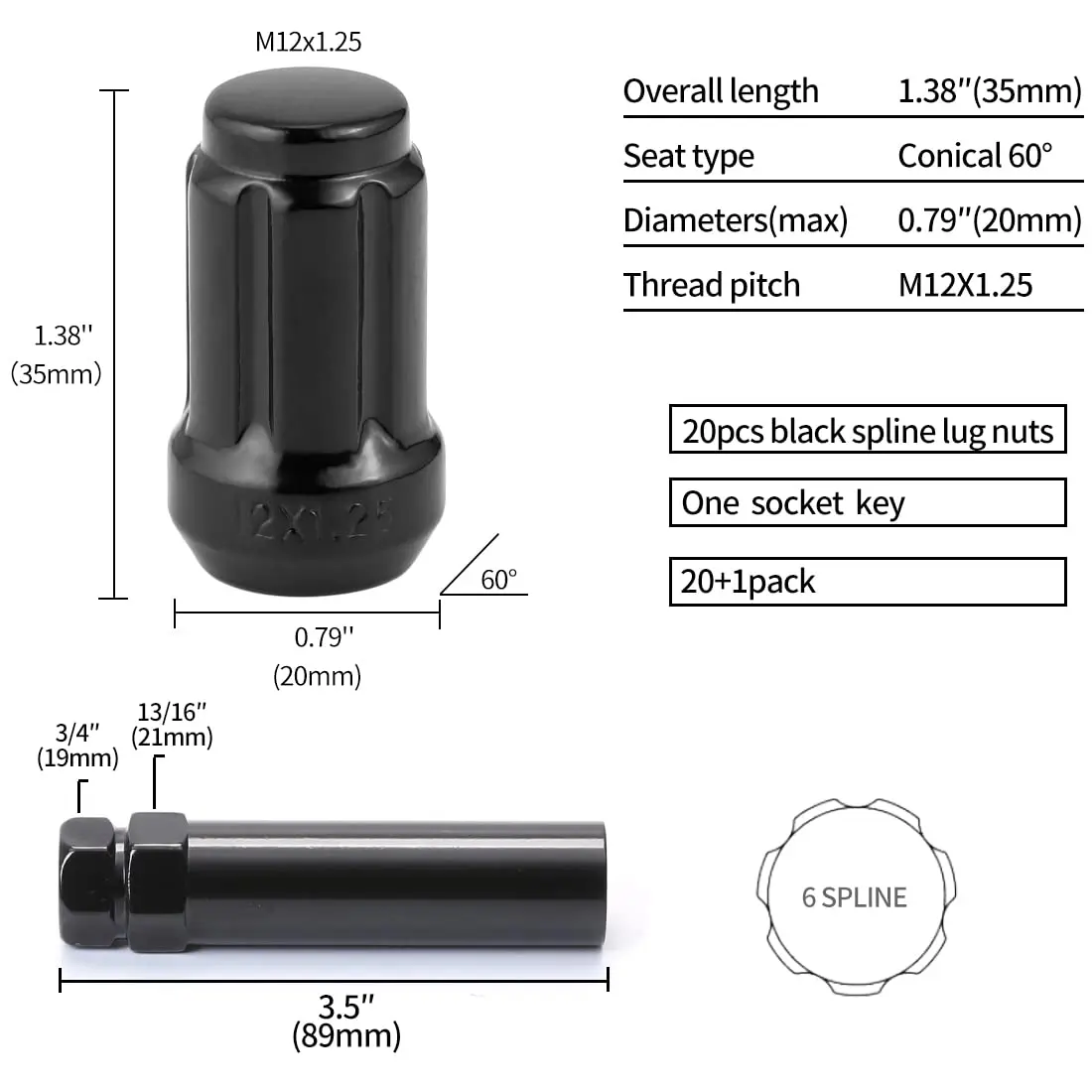 ChnewAuto M12x1.25 Black Lug Nuts 6 Spline Set of 20 | Anti-Theft Acorn Wheel Nuts - view 5