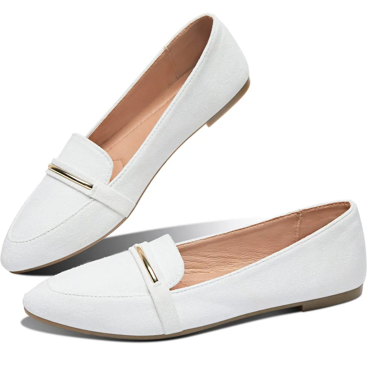 Obtaom Women's Pointy Toe Loafer Flat Comfortable Faux Suede Work Shoes, White US7 | Elegant & Breathable - main product image