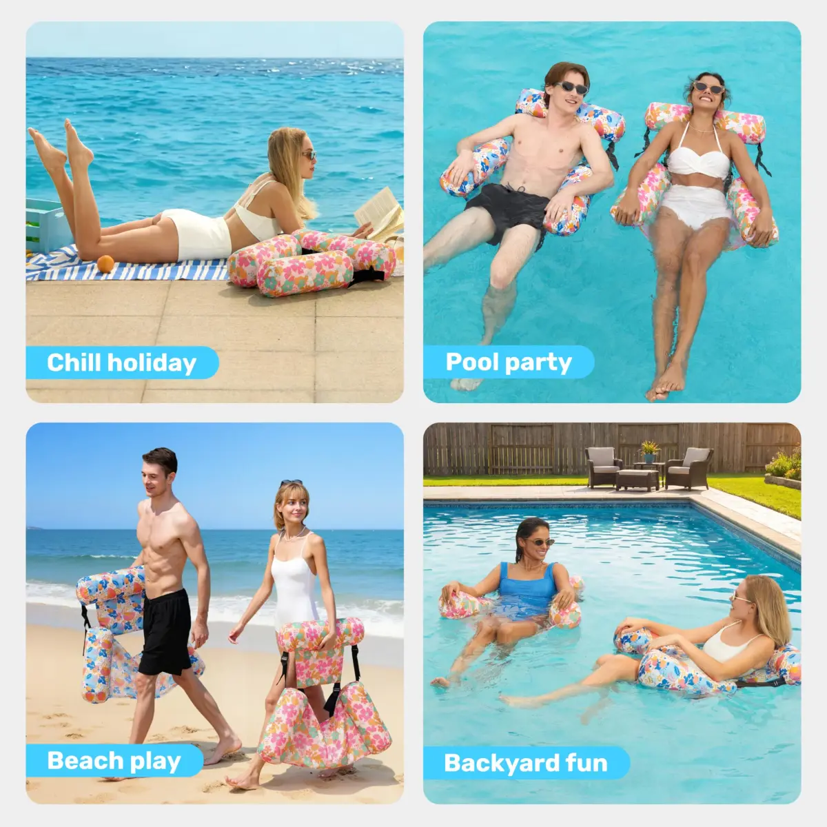 Sloosh Inflatable Pool Lounge Chairs 2-Pack Tropical Flowers | Adjustable Hammock Float for Adults - view 7