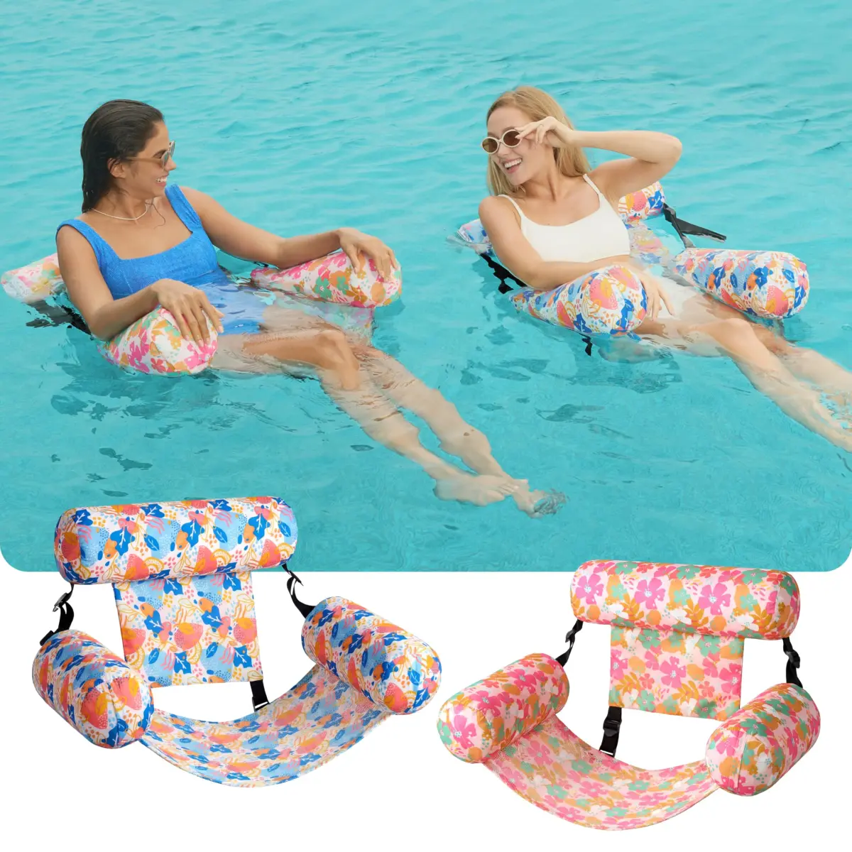 Sloosh Inflatable Pool Lounge Chairs 2-Pack Tropical Flowers | Adjustable Hammock Float for Adults - view 2