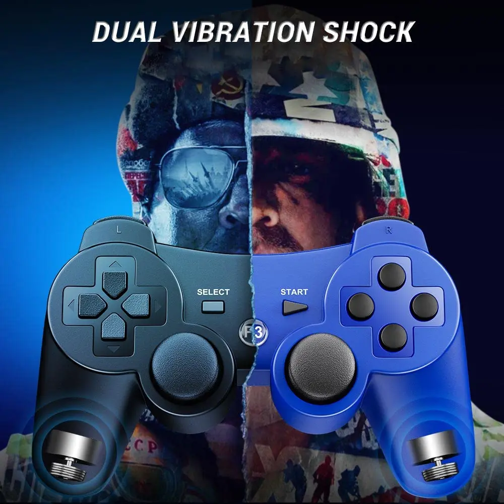 OKHAHA Controller 2 Pack for PS3 Wireless Controller | Dual Shock 3, Bluetooth, Rechargeable, Motion Sensor, No Stripes (Black + Blue) - view 4