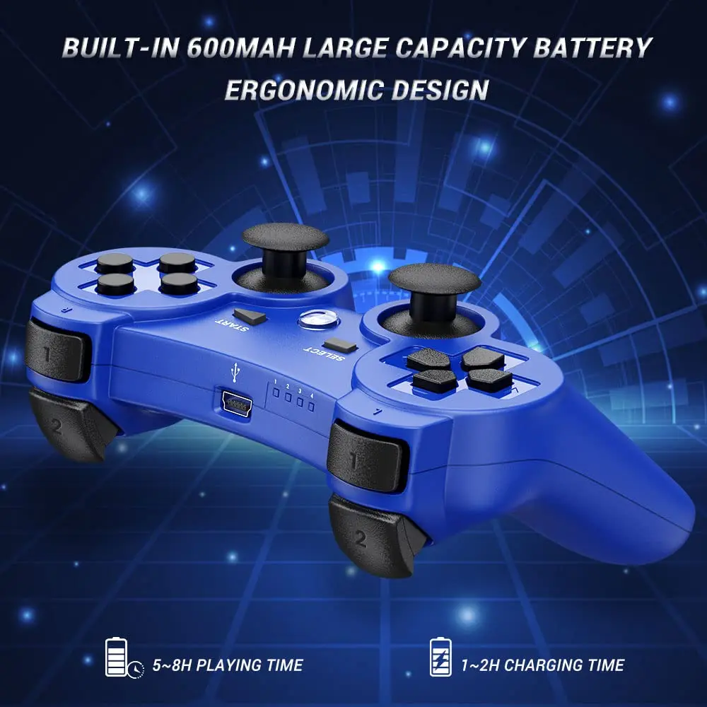OKHAHA Controller 2 Pack for PS3 Wireless Controller | Dual Shock 3, Bluetooth, Rechargeable, Motion Sensor, No Stripes (Black + Blue) - view 5