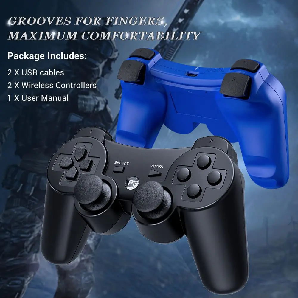 OKHAHA Controller 2 Pack for PS3 Wireless Controller | Dual Shock 3, Bluetooth, Rechargeable, Motion Sensor, No Stripes (Black + Blue) - view 6