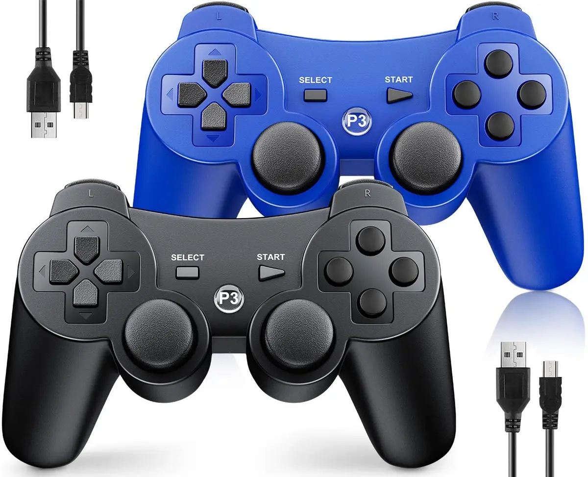 OKHAHA Controller 2 Pack for PS3 Wireless Controller | Dual Shock 3, Bluetooth, Rechargeable, Motion Sensor, No Stripes (Black + Blue) - main product image
