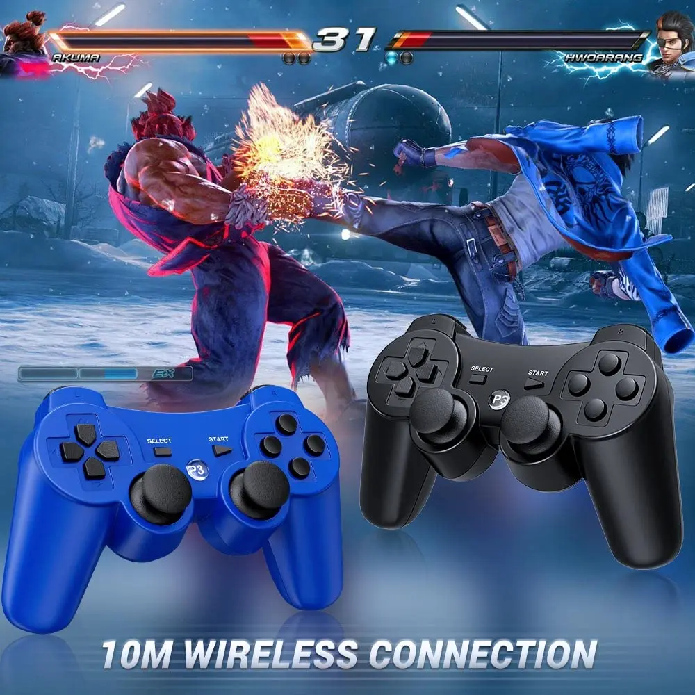 OKHAHA Controller 2 Pack for PS3 Wireless Controller | Dual Shock 3, Bluetooth, Rechargeable, Motion Sensor, No Stripes (Black + Blue) - view 7