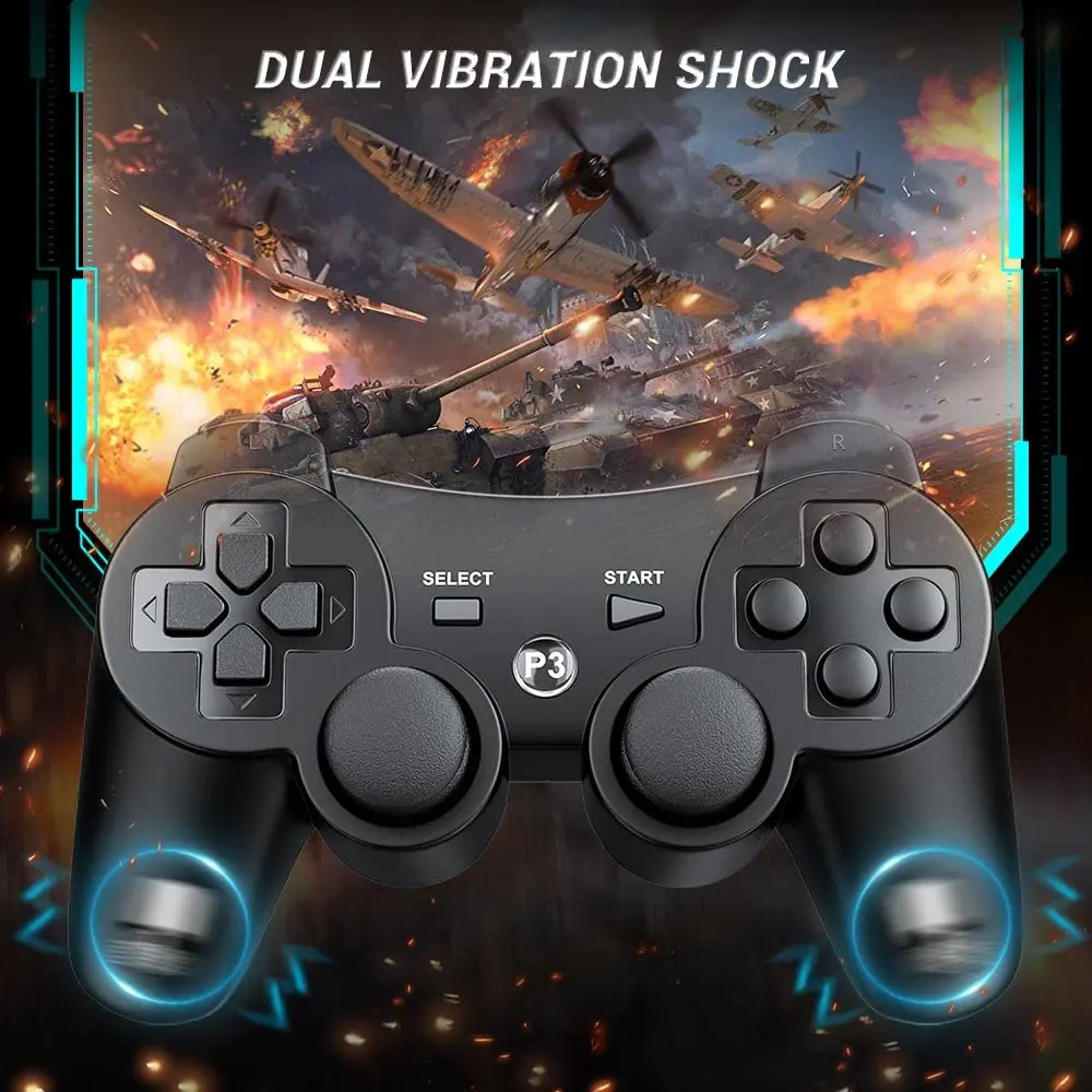 OKHAHA Controller 2 Pack for PS3 Wireless Controller | Dual Shock 3, Bluetooth, Rechargeable, Motion Sensor, No Stripes (Black + Blue) - view 8