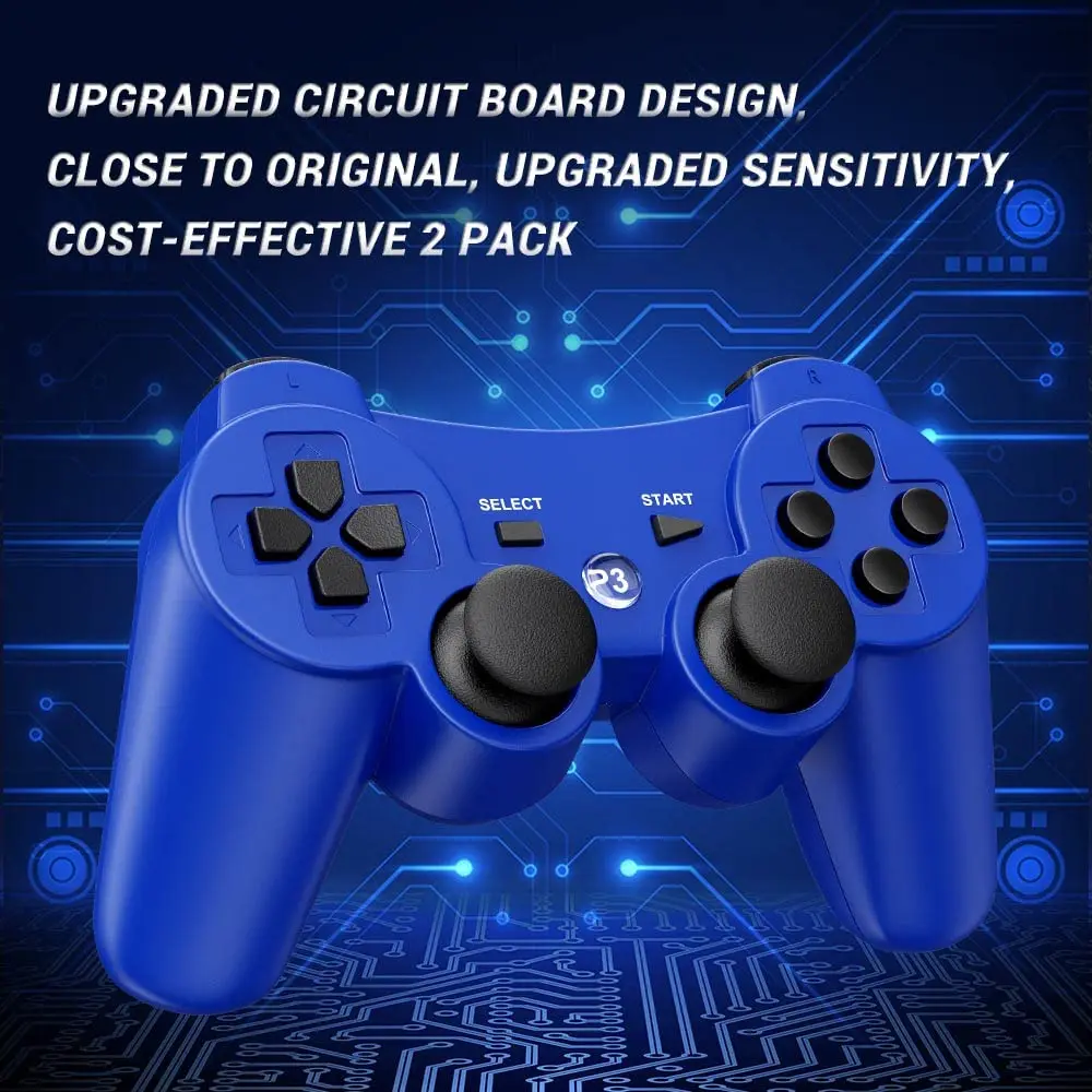 OKHAHA Controller 2 Pack for PS3 Wireless Controller | Dual Shock 3, Bluetooth, Rechargeable, Motion Sensor, No Stripes (Black + Blue) - view 9
