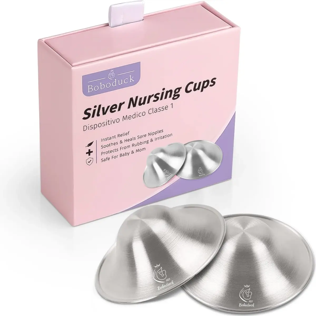 Boboduck 925 Silver Nipple Shields for Nursing Newborn | Protects Sore Nipples, Prevents Cracks & Infections (2-Pack, Standard Size) - main product image