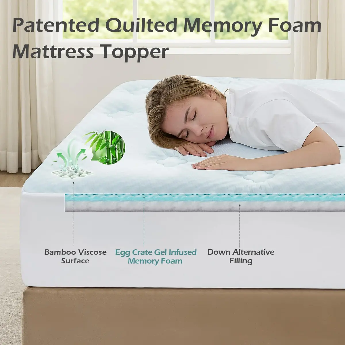 Hansleep Queen Mattress Topper 135cm x 190cm (53" x 75") | Gel Memory Foam & Bamboo Viscose for Back Pain Relief - view 2
