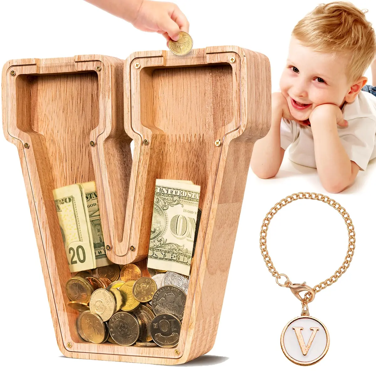 summidate Wooden Letter Piggy Bank for Kids, Clear 9" Alphabet V Money Bank | Organic Wood & Acrylic - main product image
