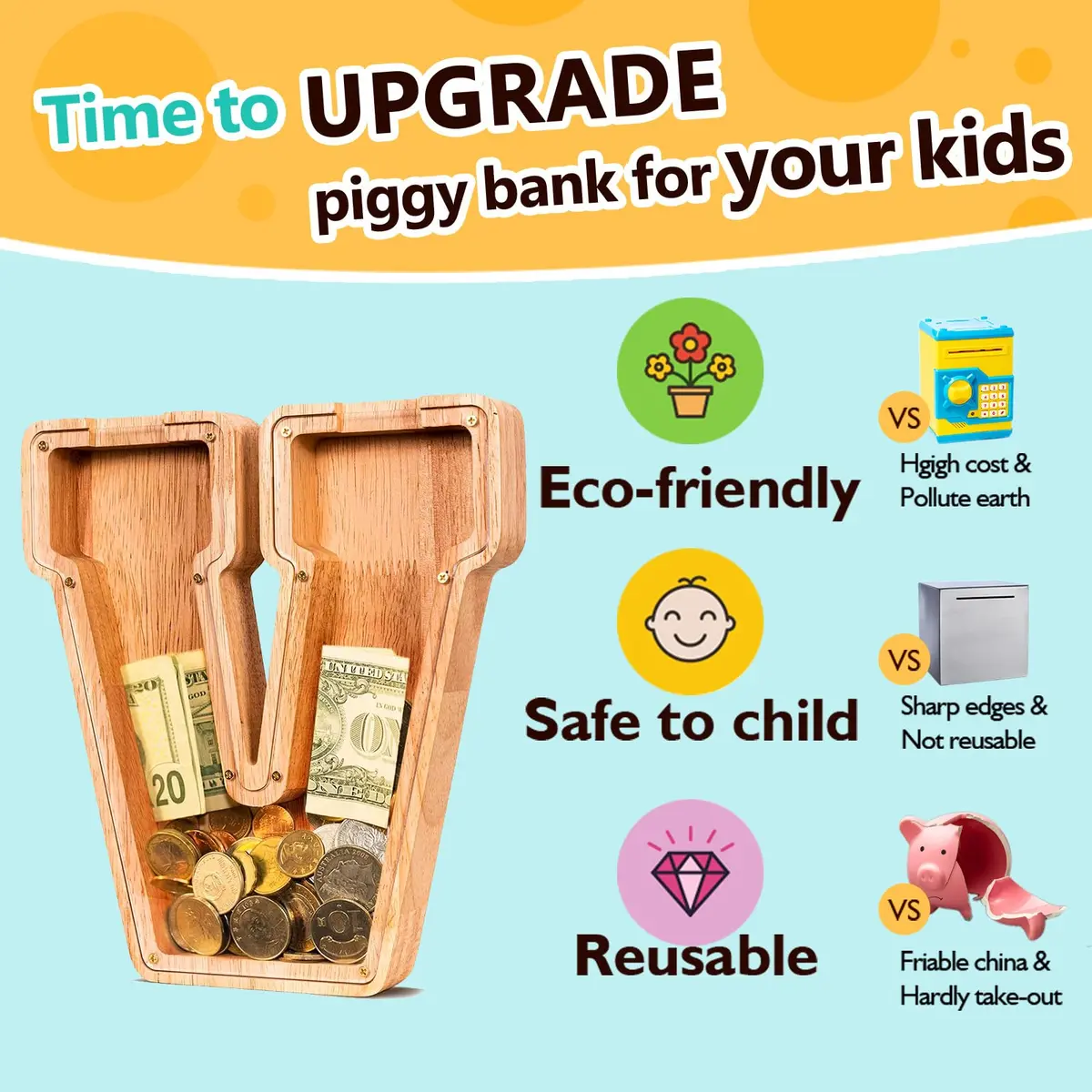 summidate Wooden Letter Piggy Bank for Kids, Clear 9" Alphabet V Money Bank | Organic Wood & Acrylic - view 5