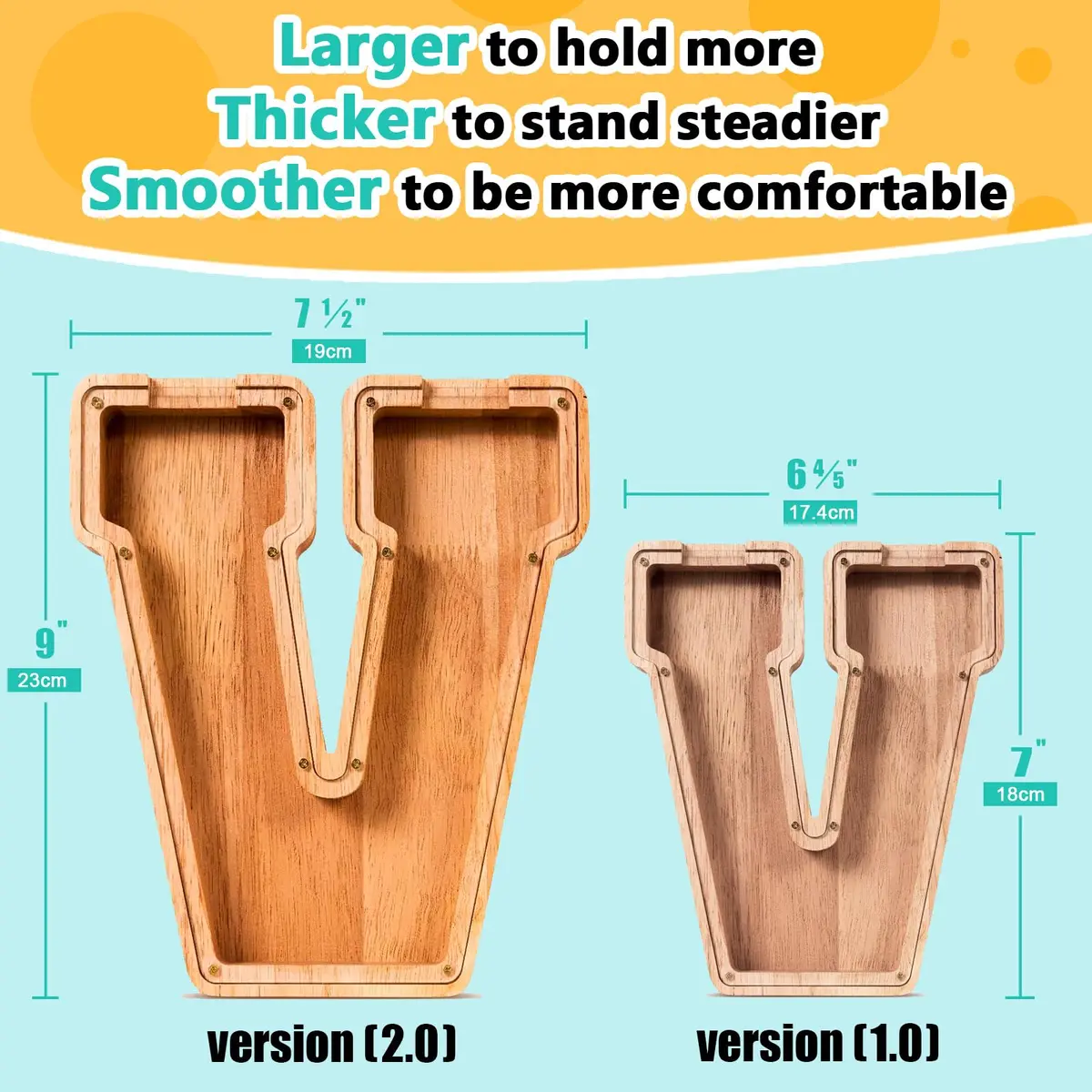 summidate Wooden Letter Piggy Bank for Kids, Clear 9" Alphabet V Money Bank | Organic Wood & Acrylic - view 2