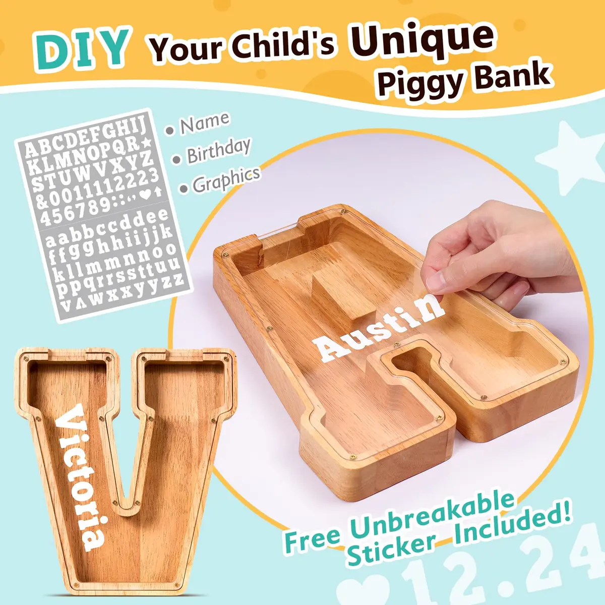 summidate Wooden Letter Piggy Bank for Kids, Clear 9" Alphabet V Money Bank | Organic Wood & Acrylic - view 3