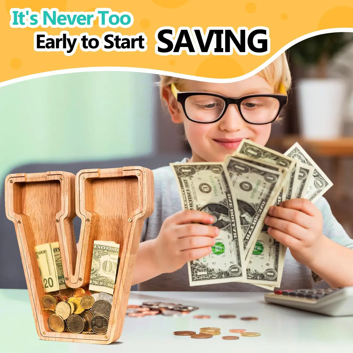 summidate Wooden Letter Piggy Bank for Kids, Clear 9" Alphabet V Money Bank | Organic Wood & Acrylic - view 4