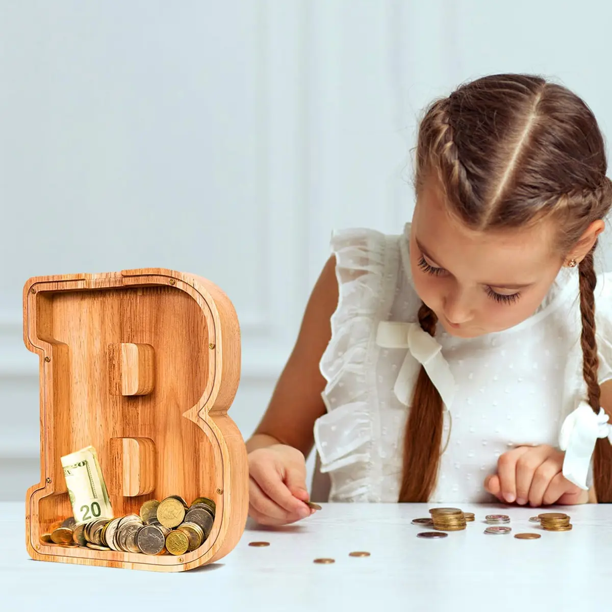 summidate Wooden Letter Piggy Bank for Kids, Clear 9" Alphabet B Money Bank | Organic Wood Savings Box - view 9