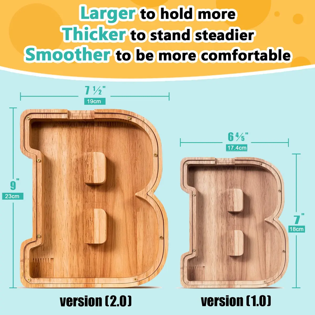 summidate Wooden Letter Piggy Bank for Kids, Clear 9" Alphabet B Money Bank | Organic Wood Savings Box - view 2